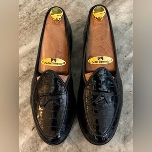 Belgian Shoes Travelette Slipper Black Crocodile Patent Leather Loafer Sz 5 Bow